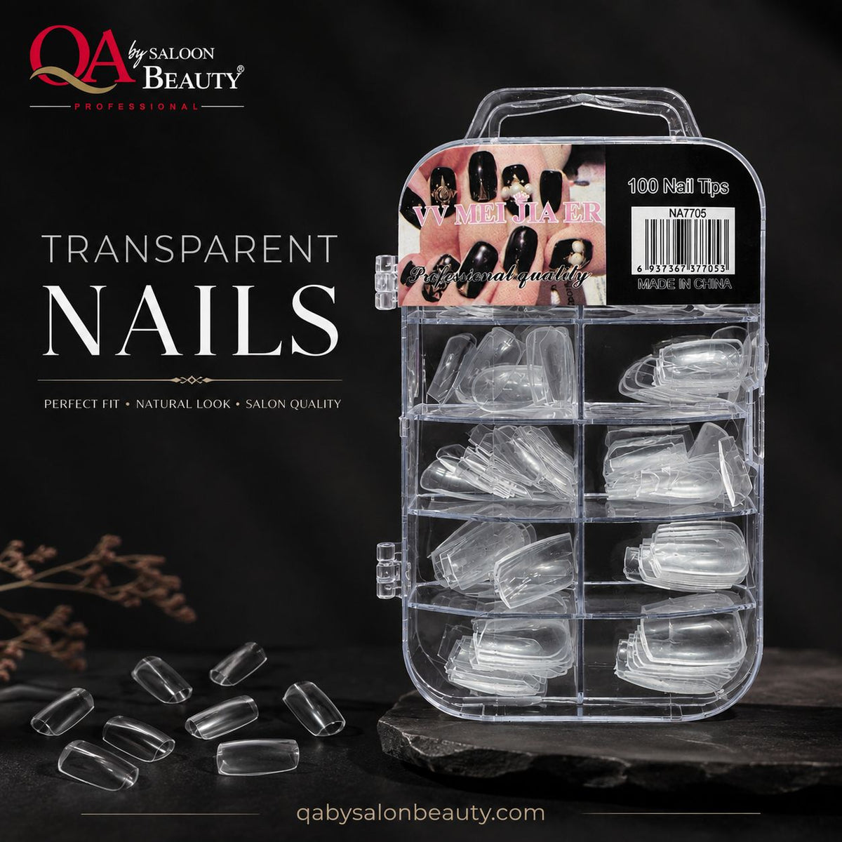 100-piece transparent artificial nail tips set in clear compartment storage case, model NA7705