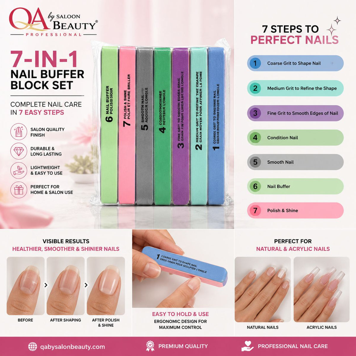 A 7-step nail care block set by Qbaly Saloon Beauty, featuring six colored blocks (pink, orange, yellow, green, blue, purple) displayed on a reflective surface, with text detailing the steps and before/after nail results.
