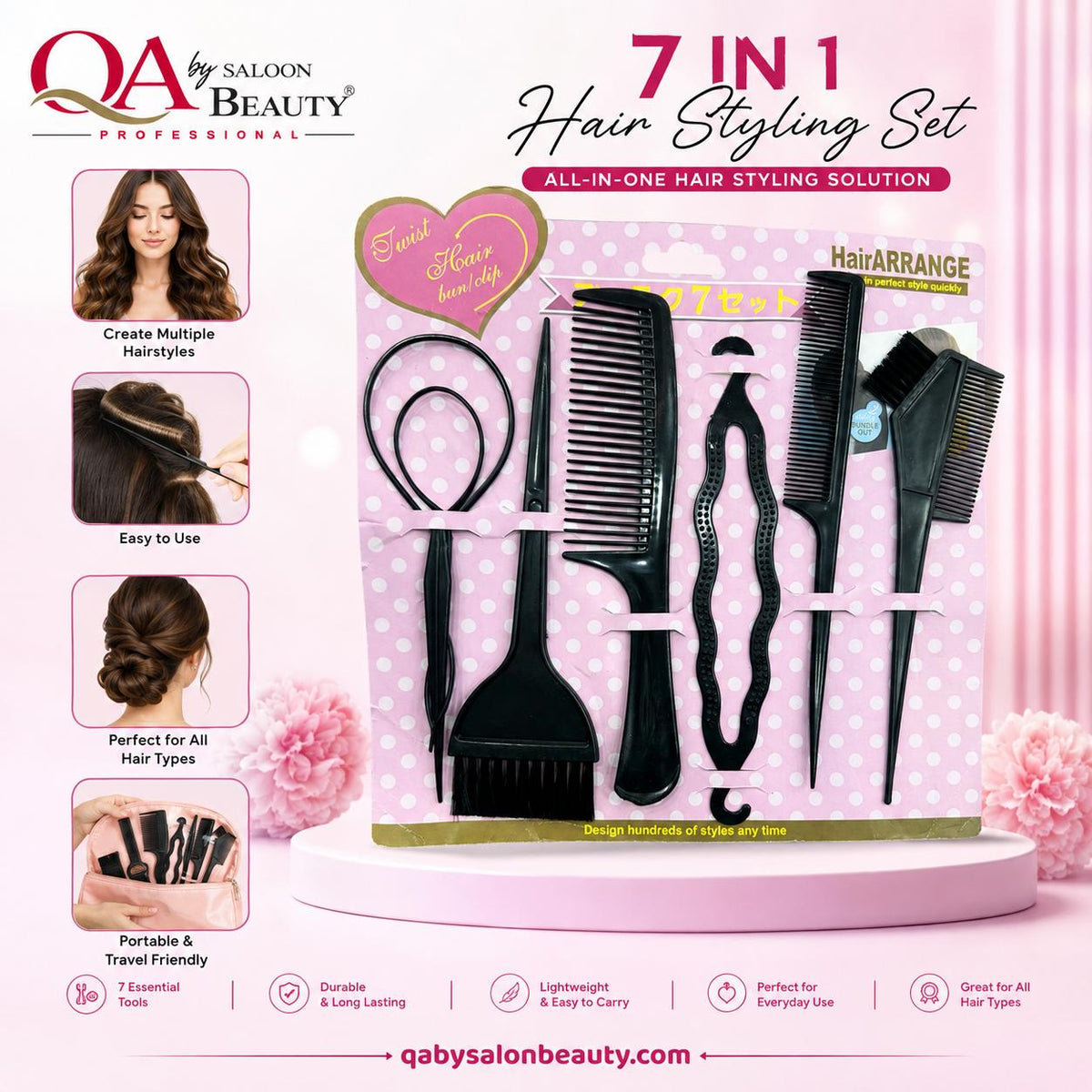 7 in 1 black hair styling tool set with combs brushes bun maker and sectioning accessories