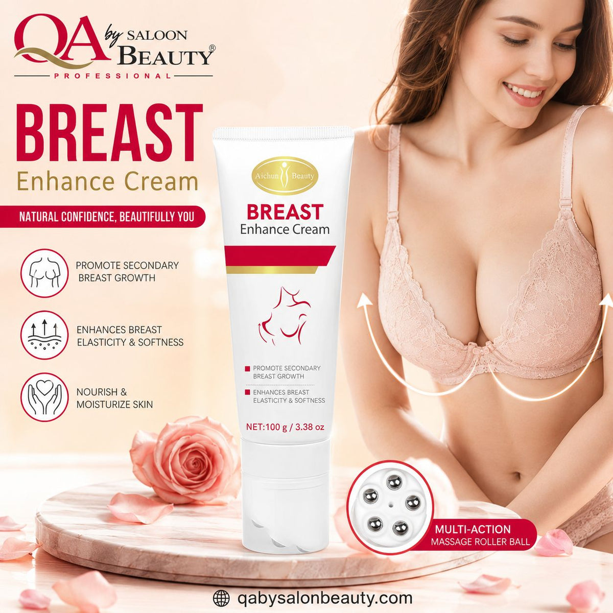 Aichun Beauty Breast Enhance Cream 100g with built-in massage roller applicator