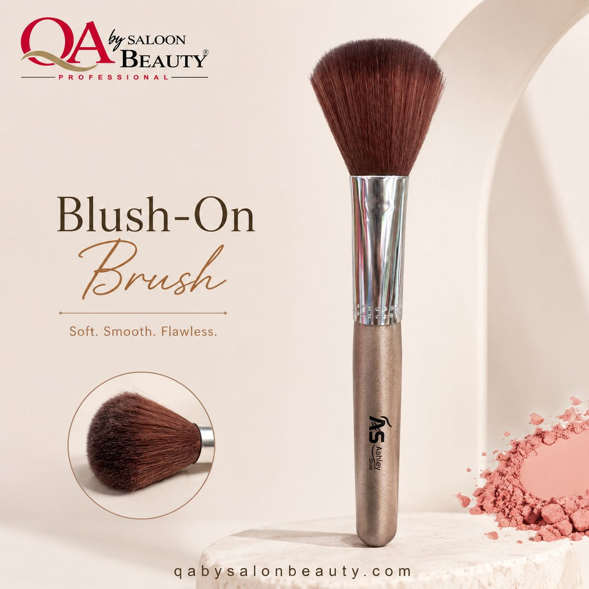 Ashley professional blush-on makeup brush with soft brown bristles, silver ferrule and taupe handle