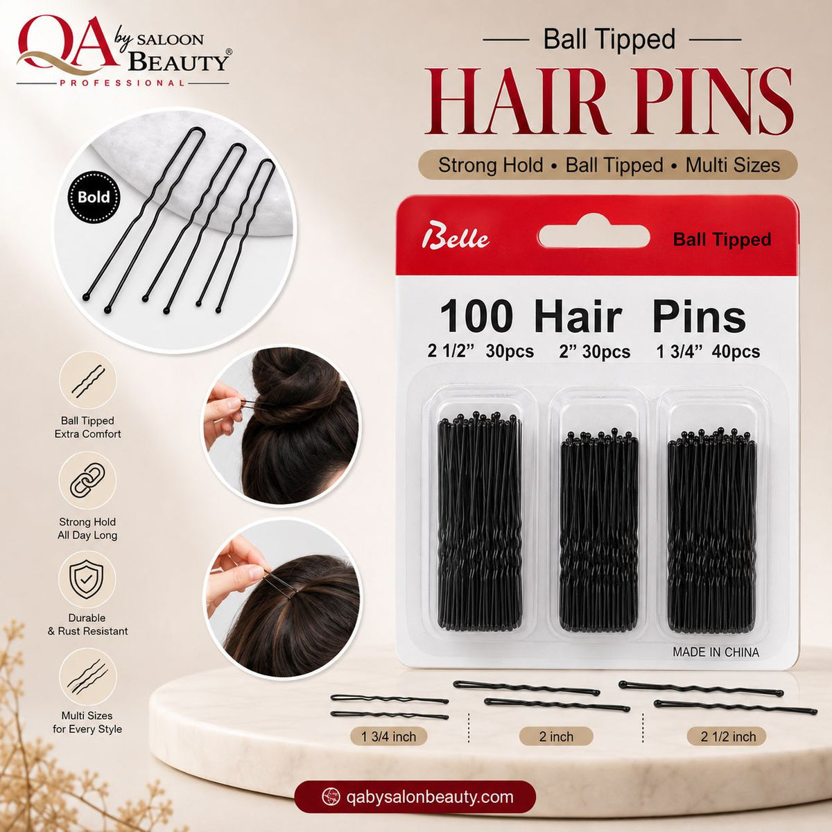 Belle Ball Tipped Hair Pins – 100 Pcs Multi-Size Professional Hair Pins