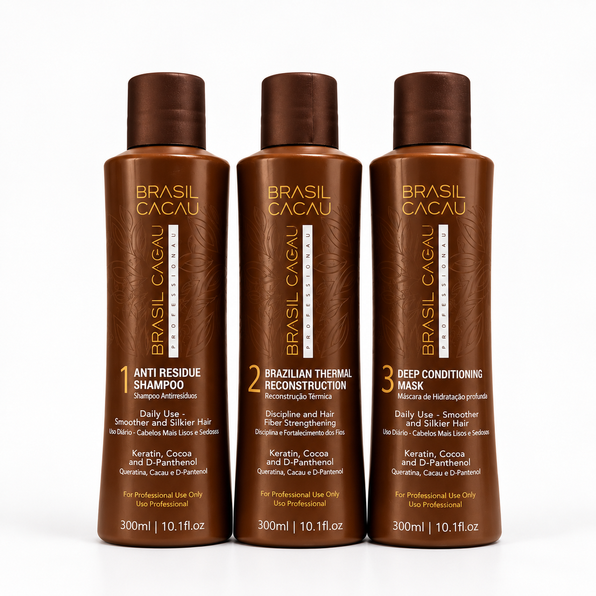 Brazil Cacau Professional Keratin Hair Treatment Kit – 3-Step System 300ml Each