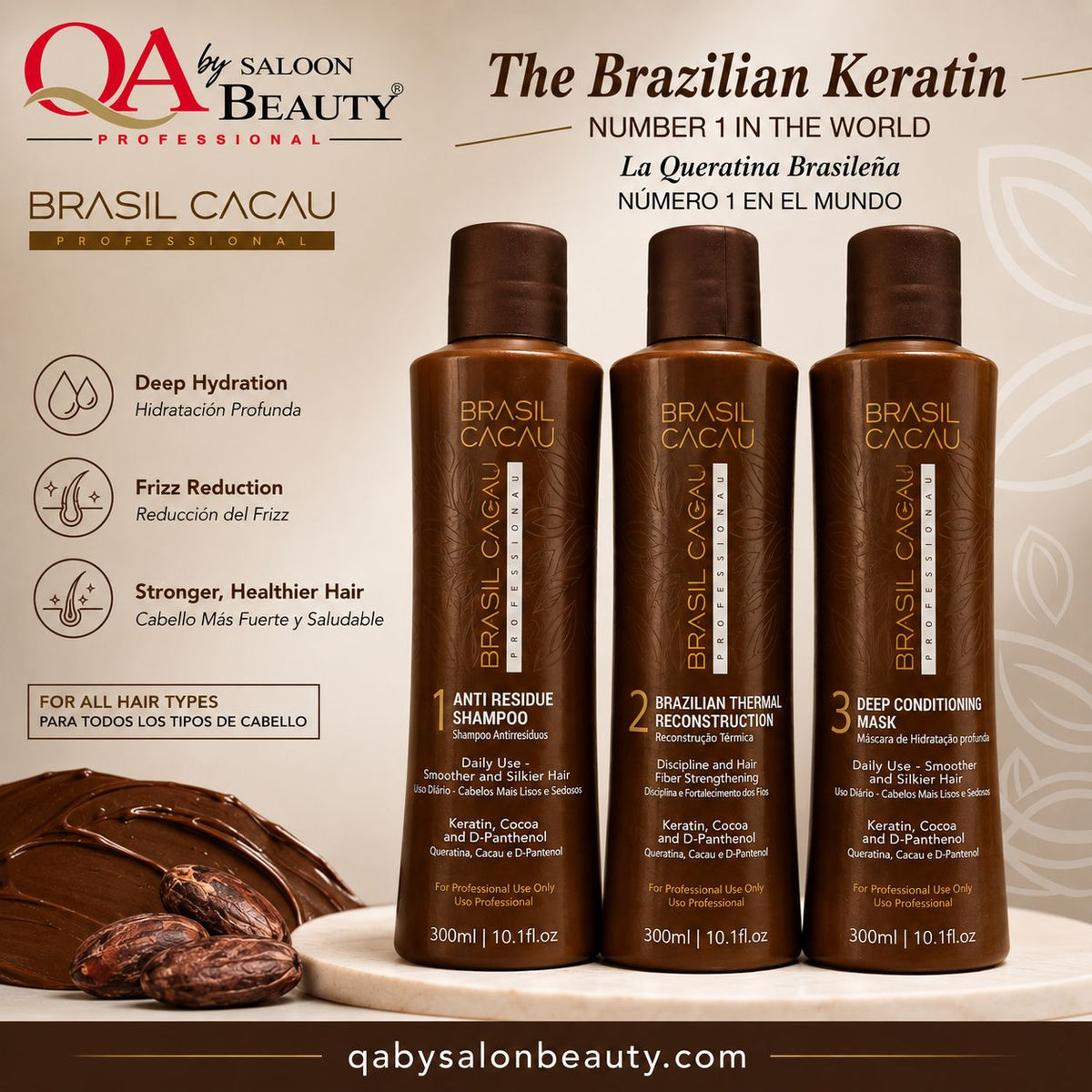 Brazil Cacau Professional Keratin Hair Treatment Kit – 3-Step System 300ml Each
