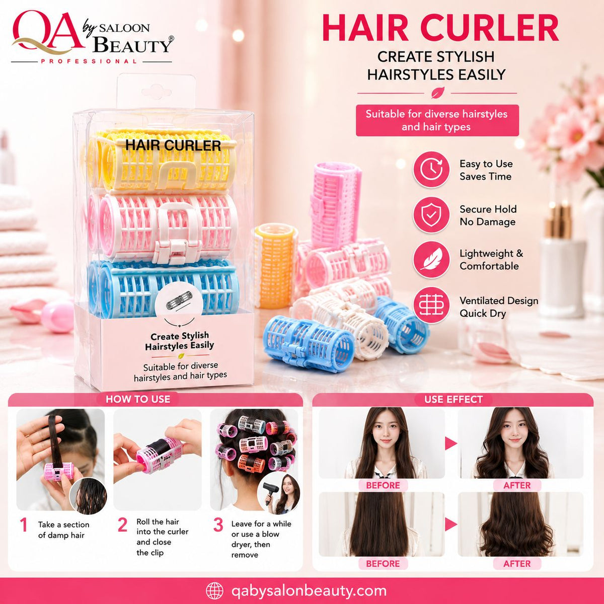 A boxed hair curler set displayed on a bright pink promotional background, with several colorful hair curlers arranged around it and before/after hair styling results shown in small panels. The image includes marketing text such as 'HAIR CURLER' and 'CREATE STYLISH HAIRSTYLES EASILY,' plus brand text 'Qbys Salon Beauty Professional.
