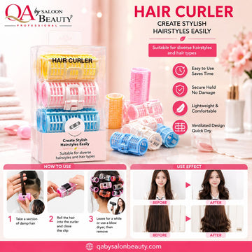 A boxed hair curler set displayed on a bright pink promotional background, with several colorful hair curlers arranged around it and before/after hair styling results shown in small panels. The image includes marketing text such as 'HAIR CURLER' and 'CREATE STYLISH HAIRSTYLES EASILY,' plus brand text 'Qbys Salon Beauty Professional.