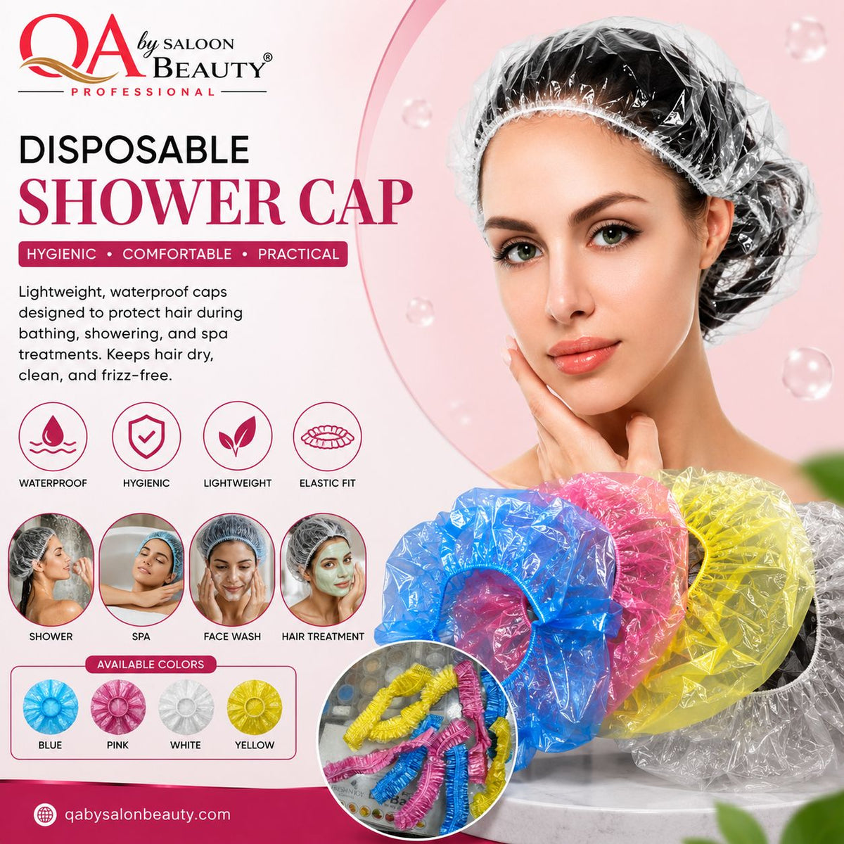 Disposable waterproof shower caps with elastic fit in blue, pink, white and yellow colors for salon, spa and shower use