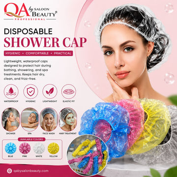 Disposable waterproof shower caps with elastic fit in blue, pink, white and yellow colors for salon, spa and shower use