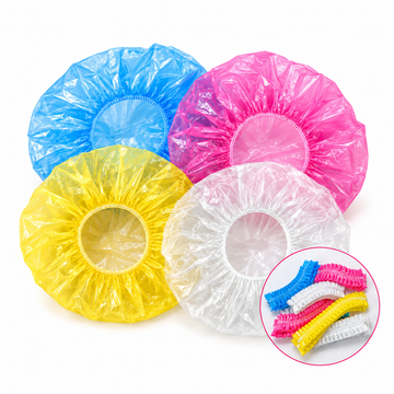 Disposable waterproof shower caps with elastic fit in blue, pink, white and yellow colors for salon, spa and shower use