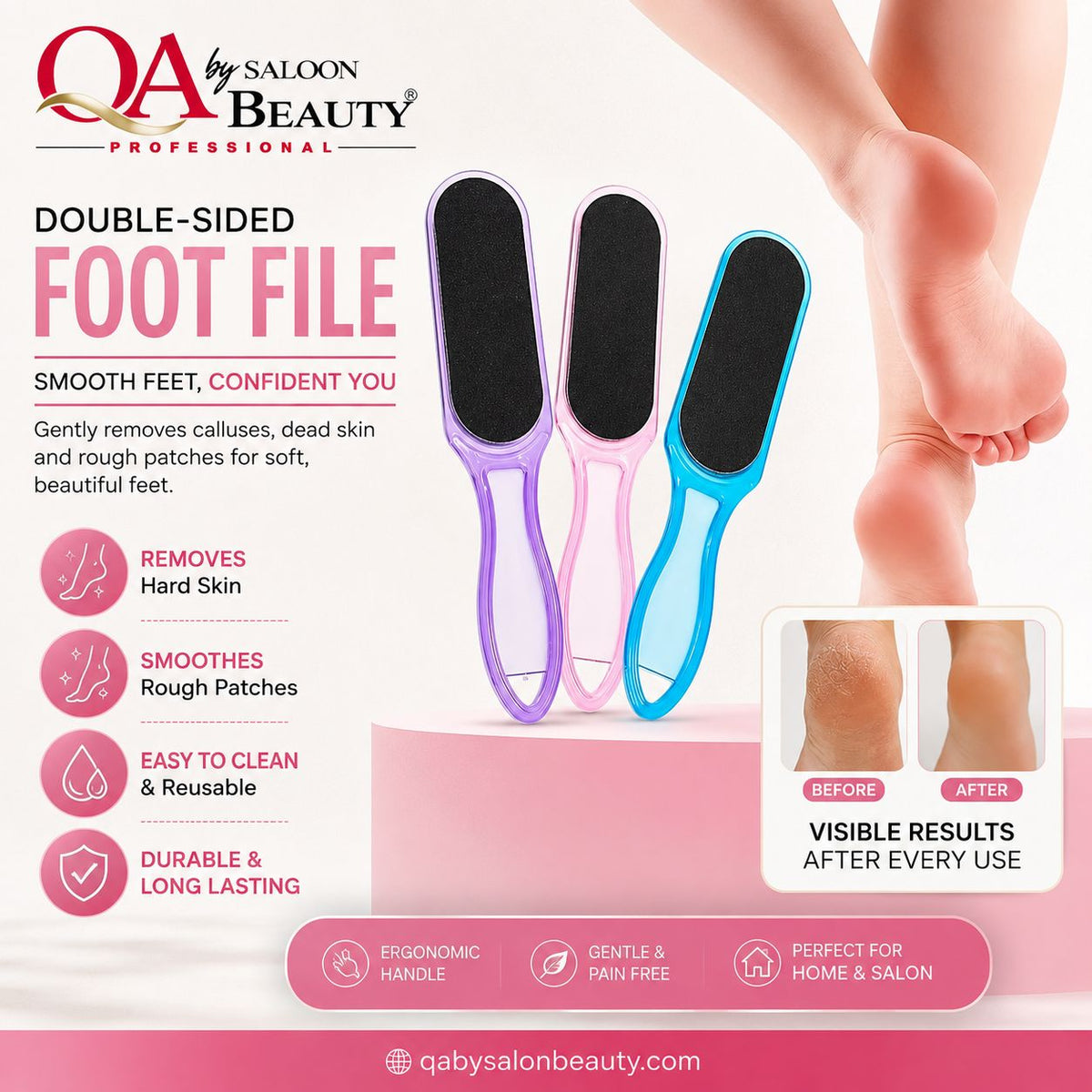 Double-sided foot file in purple pink and blue for callus and dead skin removal