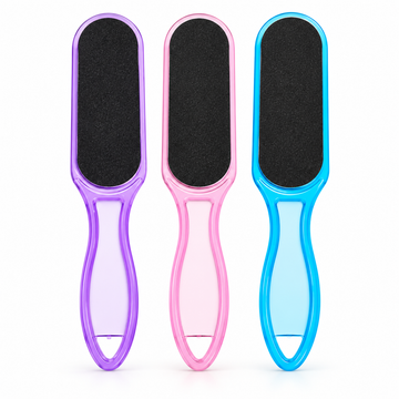 Double-sided foot file in purple pink and blue for callus and dead skin removal