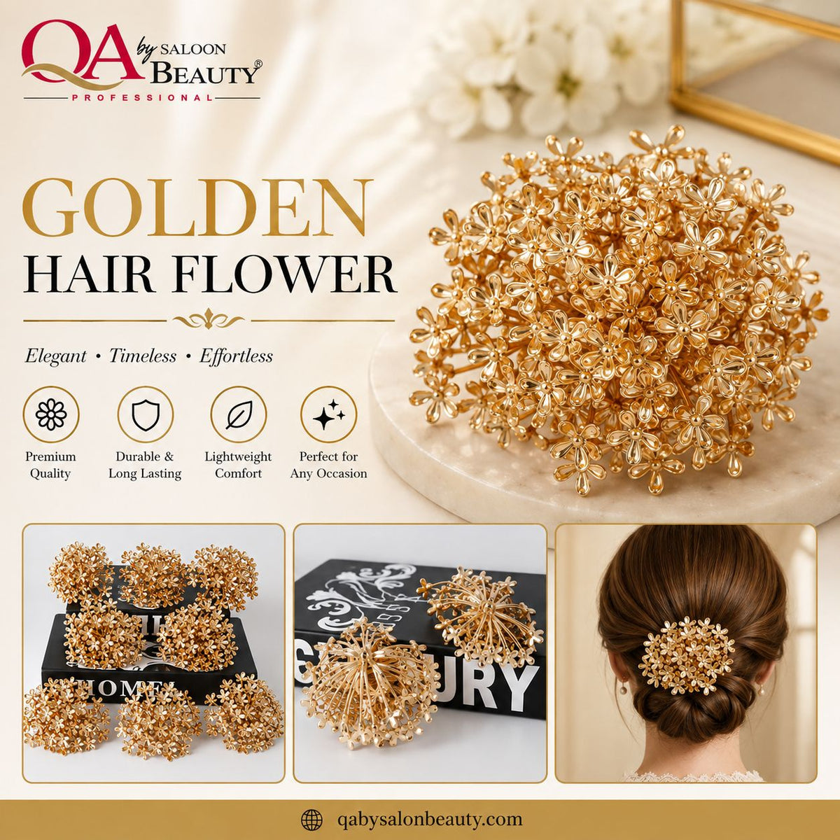 Golden Hair Flower – Elegant Gold Floral Hair Accessory for Buns & Special Occasions