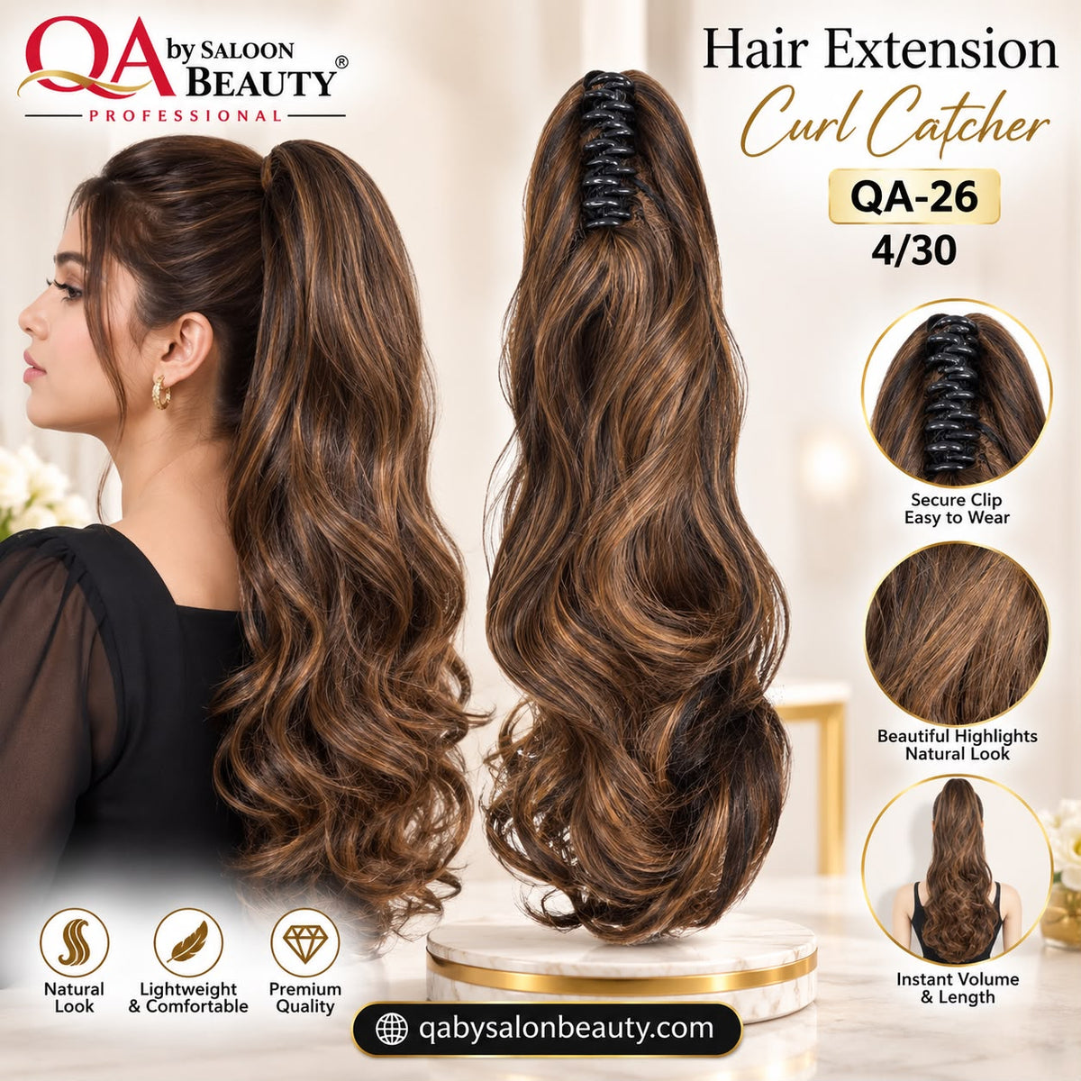 Hair Extension Curl Catcher QA-26 4/30 – Highlighted Brown Clip-On Ponytail Extension