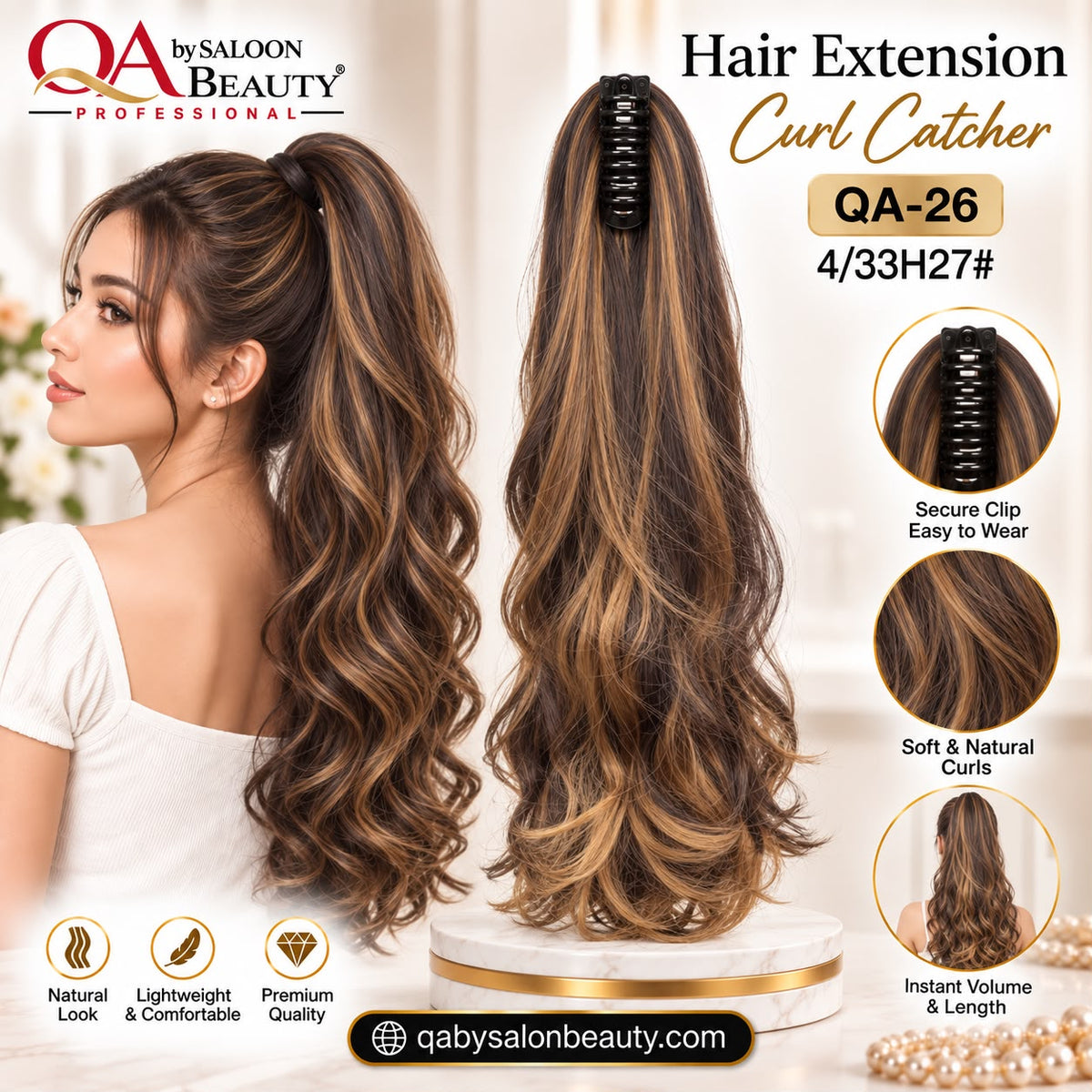 Hair Extension Curl Catcher QA-26 4/33H27# – Highlighted Brown Clip-On Curly Ponytail Extension