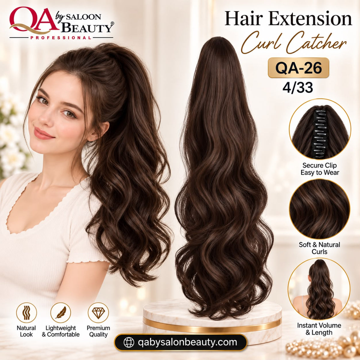 Hair Extension Curl Catcher QA-26 4/33 – Brown Clip-On Curly Ponytail Extension