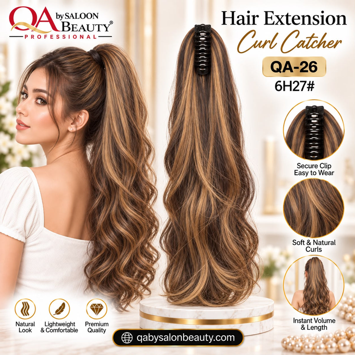 Hair Extension Curl Catcher QA-26 6H27# – Highlighted Brown Clip-On Curly Ponytail Extension