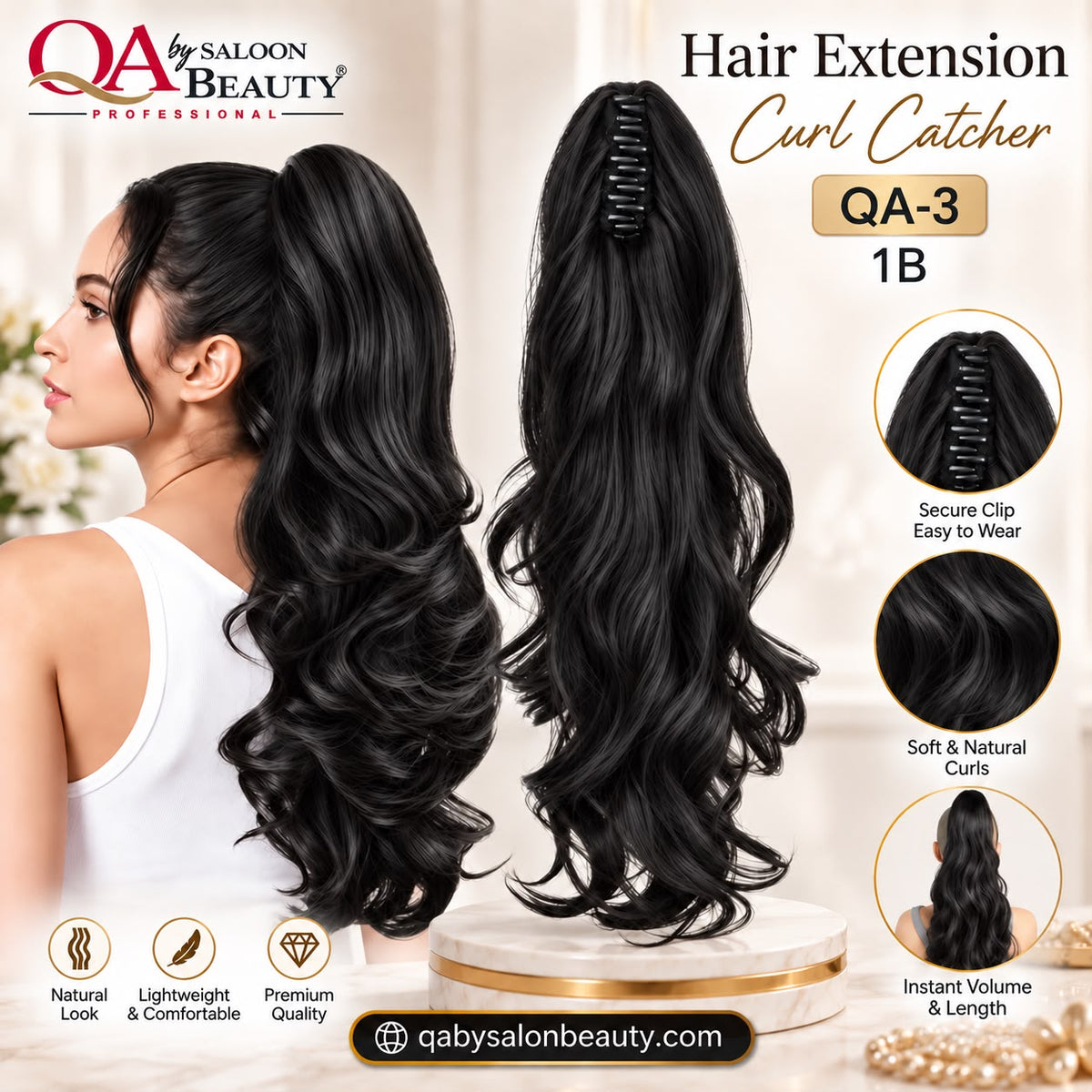 Hair Extension Curl Catcher QA-3 1B – Black Clip-On Curly Ponytail Extension