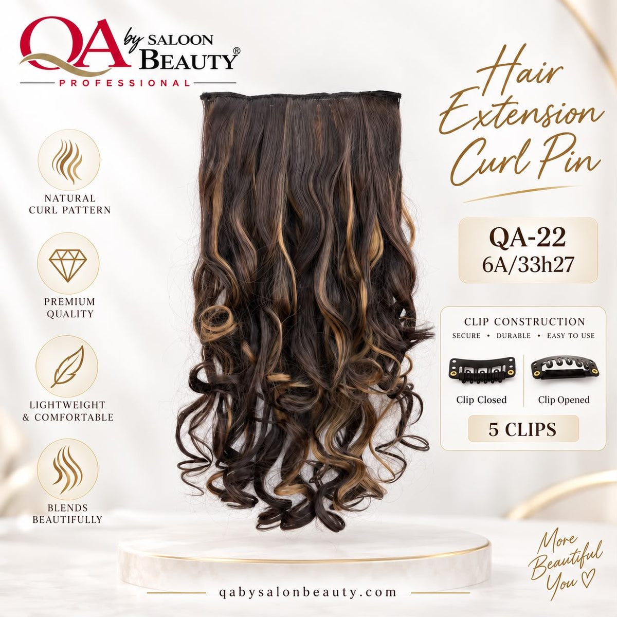 Hair Extension Curl Pin – 5 Clip Curly Hair Extension | QA-22 6A/33H27