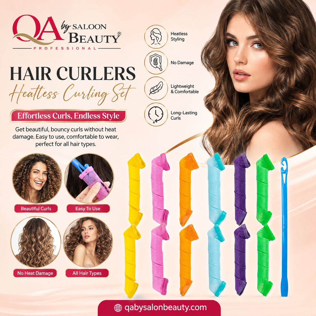 A promotional graphic for QA by Saloon Beauty heatless hair curlers, showing a woman with long wavy brown hair on the right and several colorful curling tools arranged on the left against a soft peach background. Text highlights features like heatless styling, no damage, lightweight comfort, and long-lasting curls.