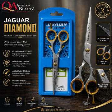 Jaguar Diamond 5.5 inch professional hair cutting scissors with gold finger rings and blue packaging
