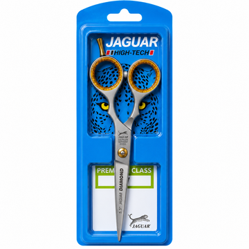 Jaguar Diamond 5.5 inch professional hair cutting scissors with gold finger rings and blue packaging