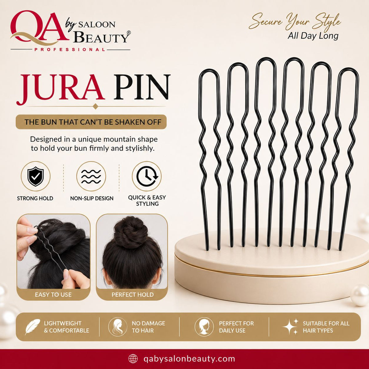 Black wavy Jura Pin hair buns displayed on a round wooden stand against a beige promotional background with product text, icons, and small inset photos showing hair styling use.