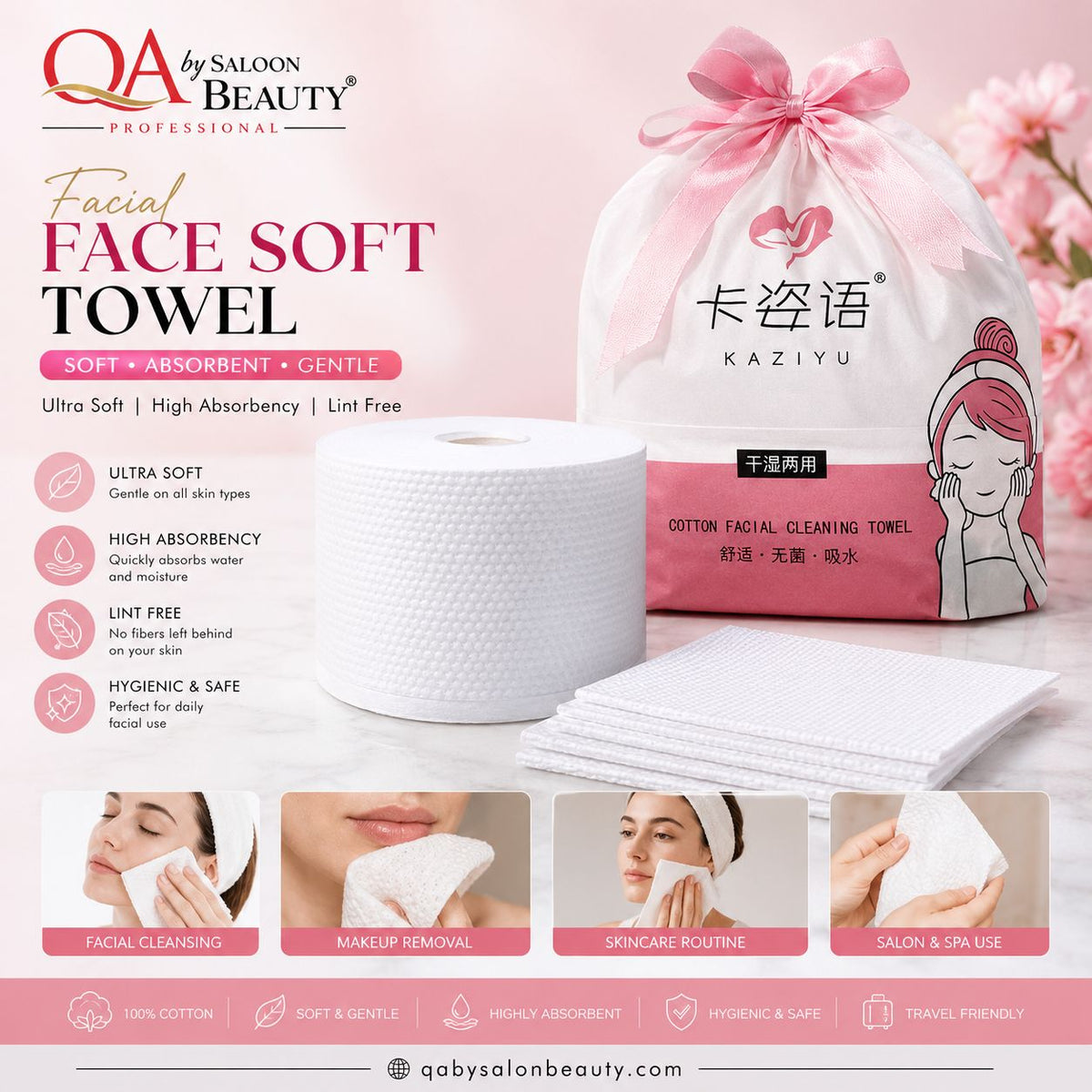 KAZIYU cotton facial cleaning towel roll with soft textured face towels and storage bag