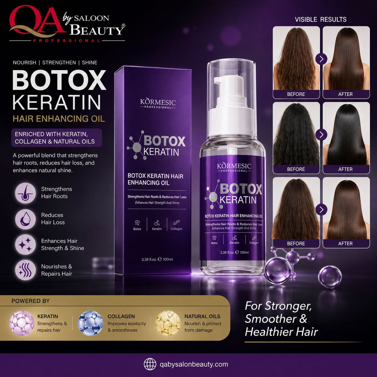 Kormesic Botox Keratin Hair Enhancing Oil bottle and box displayed on a dark purple promotional background with before/after hair results and product benefits.