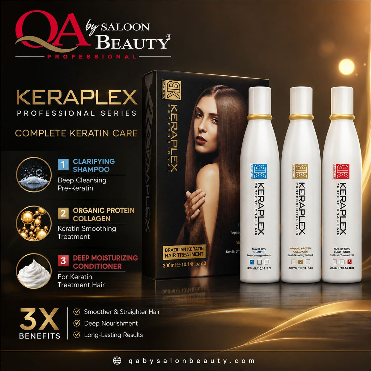 Keraplex Professional Brazilian Keratin 3-step hair treatment kit with three 300ml bottles and box