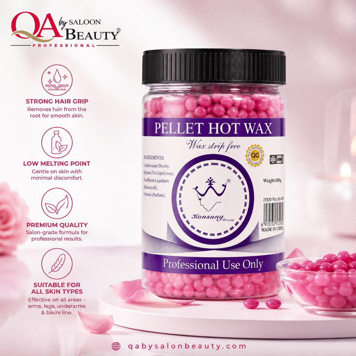 Konsung Beauty Pellet Hot Wax 500g – Strip-Free Professional Hair Removal Wax