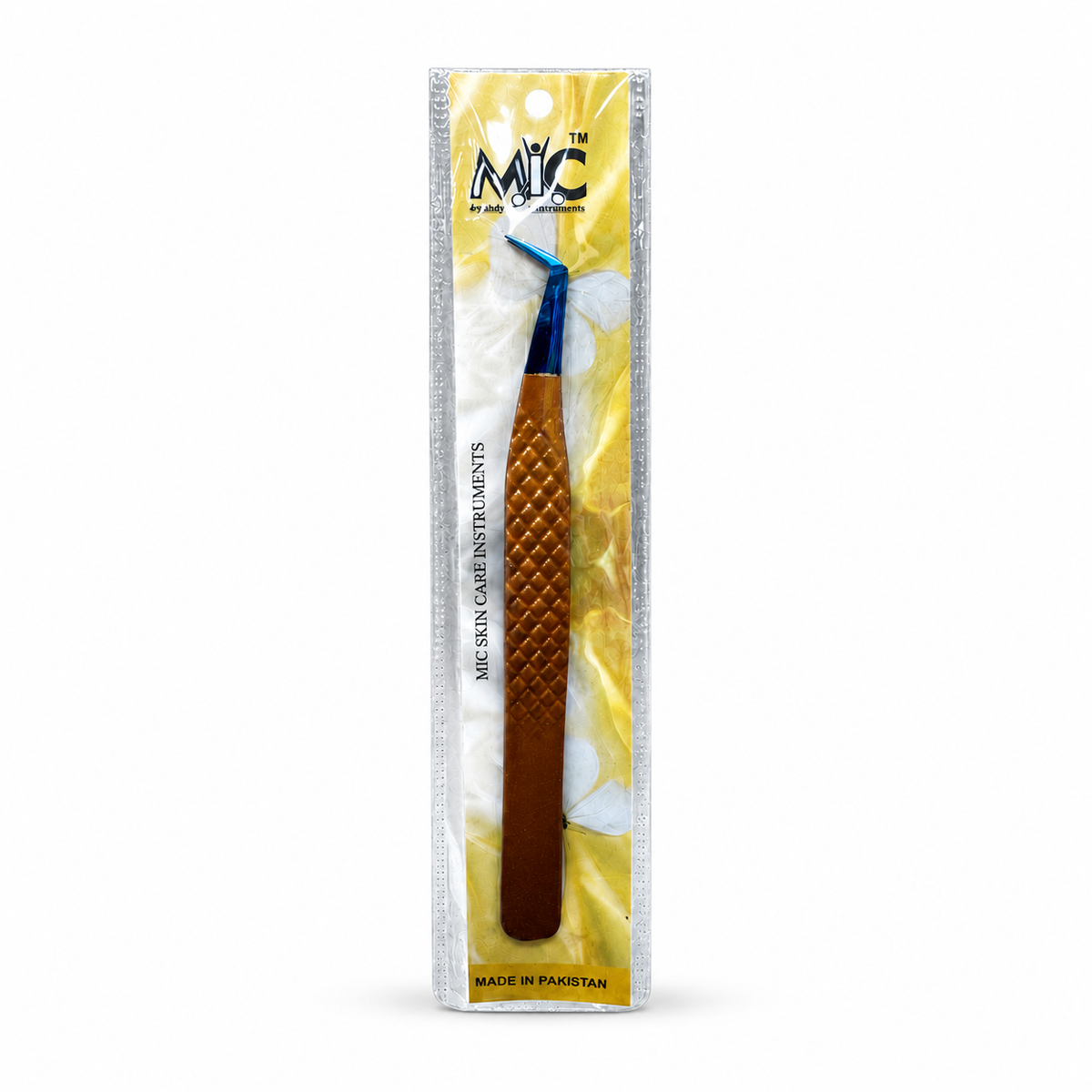 MIC professional angled eyelash extension tweezers with textured brown handle and blue precision tip in retail packaging