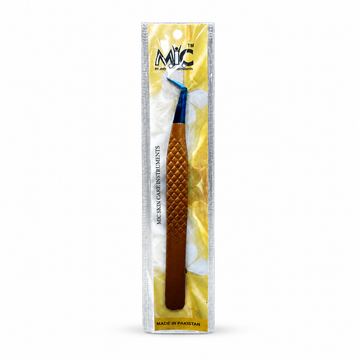 MIC professional angled eyelash extension tweezers with textured brown handle and blue precision tip in retail packaging