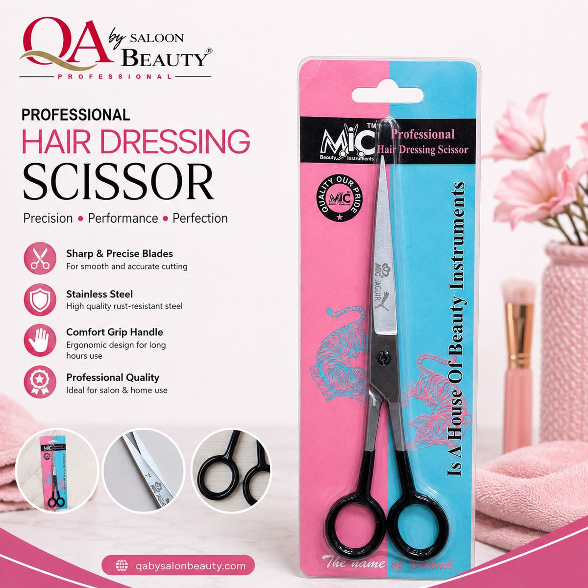 MIC professional stainless steel hair dressing scissor with black handles in pink and blue blister packaging
