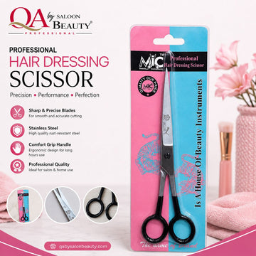 MIC professional stainless steel hair dressing scissor with black handles in pink and blue blister packaging