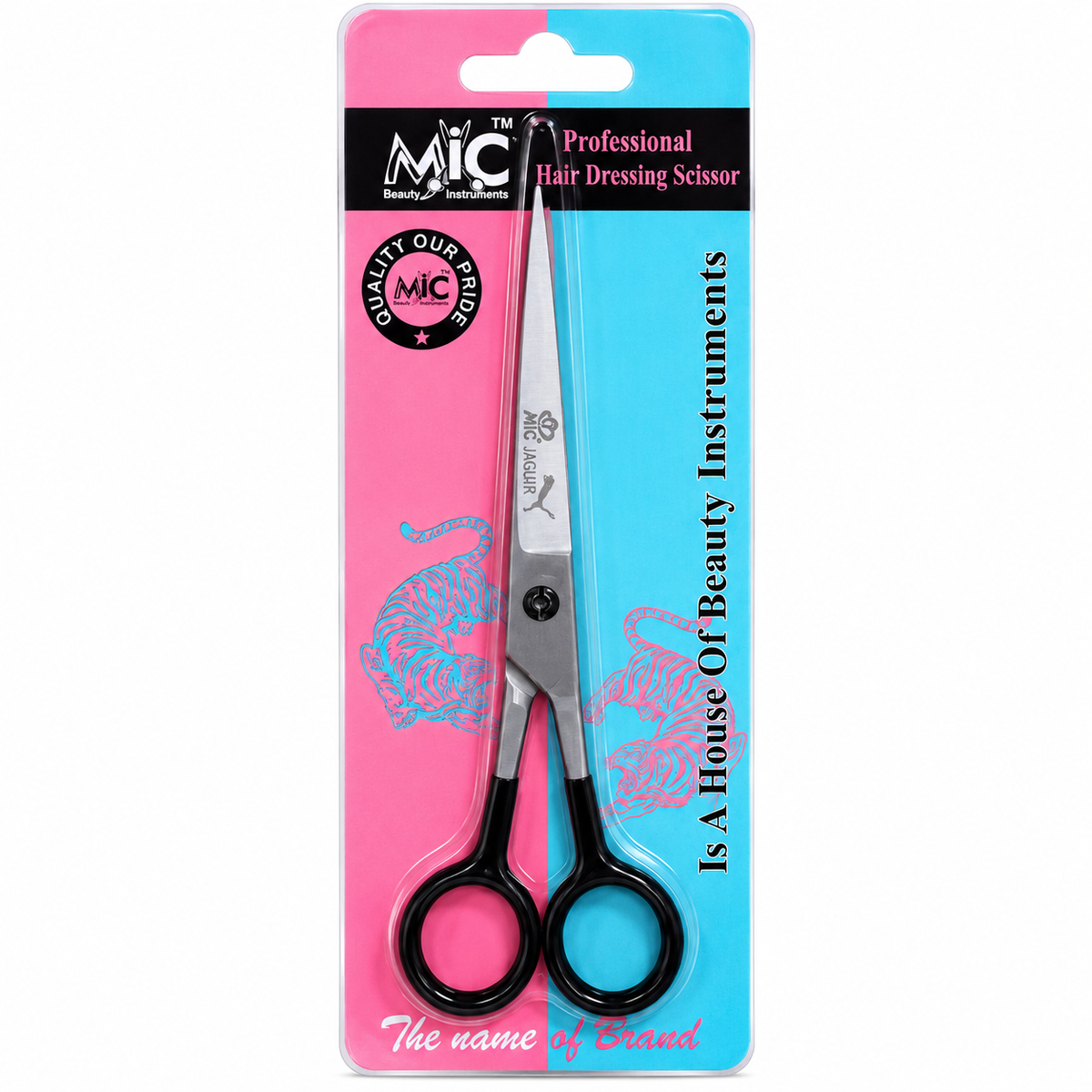 MIC professional stainless steel hair dressing scissor with black handles in pink and blue blister packaging