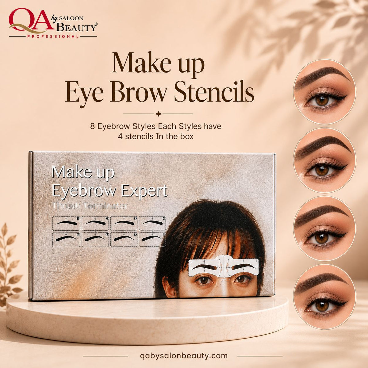 Makeup eyebrow stencils by QA Salon Beauty shown in a promotional graphic. The product box labeled 'Make up Eyebrow Expert' sits on a round pedestal, with four circular close-ups of brows on the right and text stating 'Make up Eye Brow Stencils' and '8 Eyebrow Styles Each Styles have 4 stencils In the box.