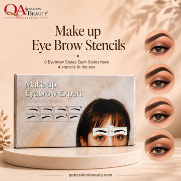Makeup eyebrow stencils by QA Salon Beauty shown in a promotional graphic. The product box labeled 'Make up Eyebrow Expert' sits on a round pedestal, with four circular close-ups of brows on the right and text stating 'Make up Eye Brow Stencils' and '8 Eyebrow Styles Each Styles have 4 stencils In the box.