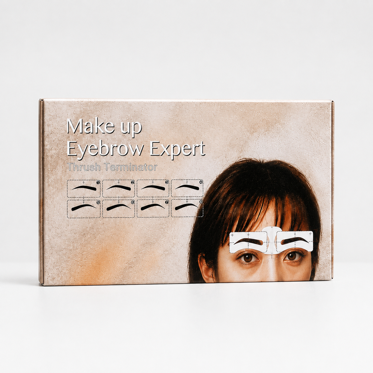 A rectangular product box for an eyebrow grooming tool, labeled 'Make up Eyebrow Expert' and 'Brush Terminator.' The box has a textured beige/tan background, black eyebrow line illustrations, and a partial photo of a woman's face on the right.