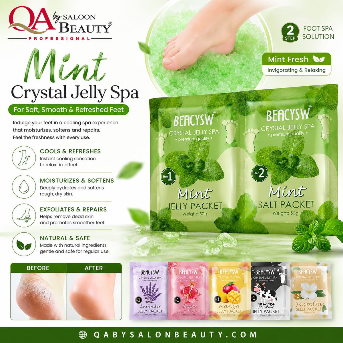 Mint Crystal Jelly Spa 2-step foot spa kit with mint jelly packet and salt packet