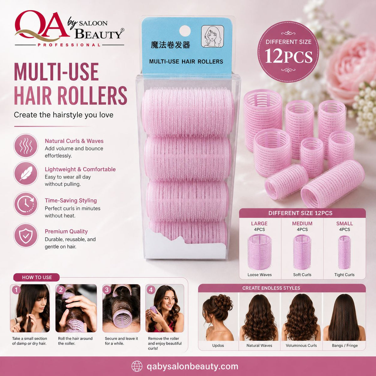 A promotional product graphic for QA by Saloon Beauty professional multi-use hair rollers. The image shows a clear plastic package containing pink hair rollers, with additional loose pink rollers displayed on the right, a size chart indicating 12 pieces in different sizes, and before/after hair styling examples.