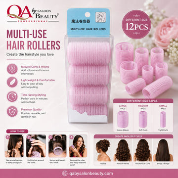 A promotional product graphic for QA by Saloon Beauty professional multi-use hair rollers. The image shows a clear plastic package containing pink hair rollers, with additional loose pink rollers displayed on the right, a size chart indicating 12 pieces in different sizes, and before/after hair styling examples.