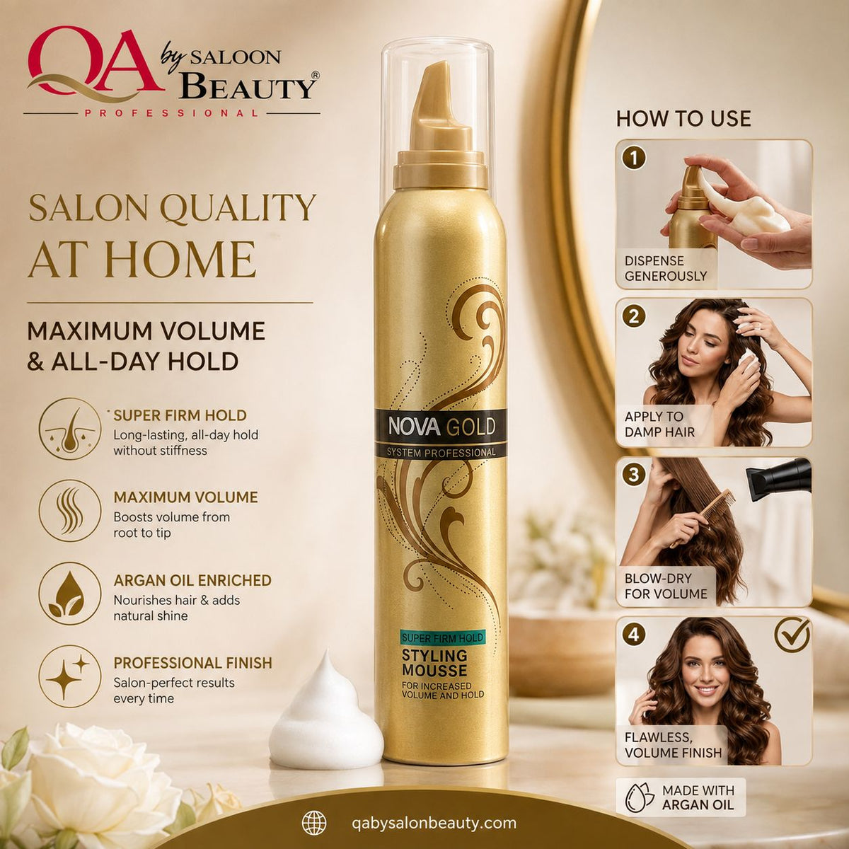 Nova Gold Super Firm Hold Styling Mousse for increased hair volume and styling