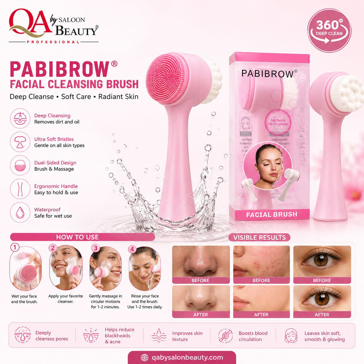 PABIBROW pink dual-sided facial cleansing brush with silicone and soft bristle sides