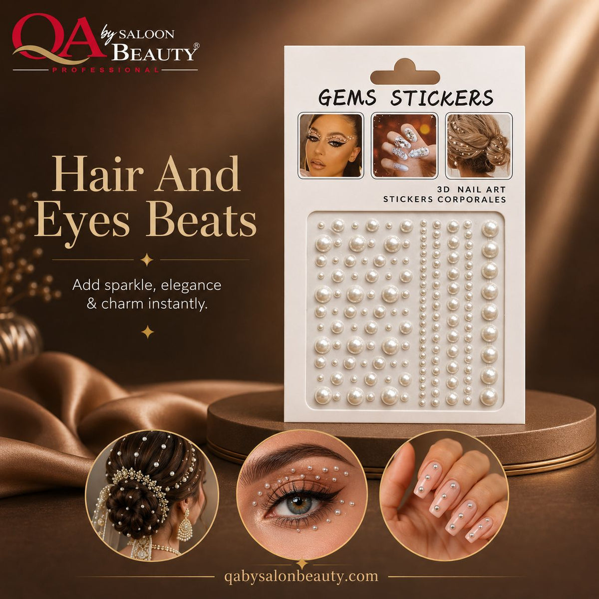 A package of pearl and white faux gem nail art stickers displayed on a gold-toned settable base with promotional text and before/after style close-ups of hair and eye embellishment. Branding for QA by Saloon Beauty is visible.