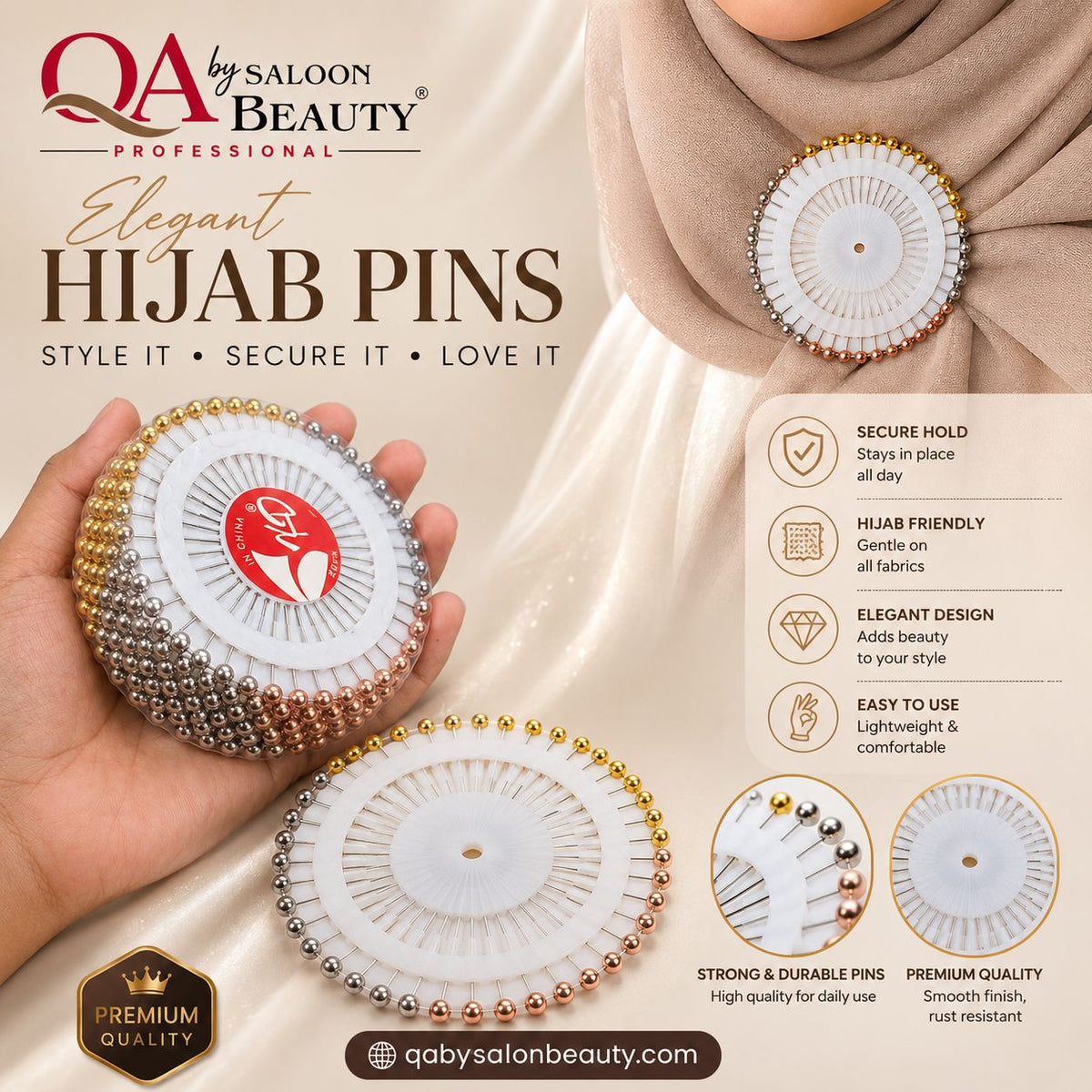 Pearl head hijab pins in gold silver and rose gold arranged on circular pin wheels