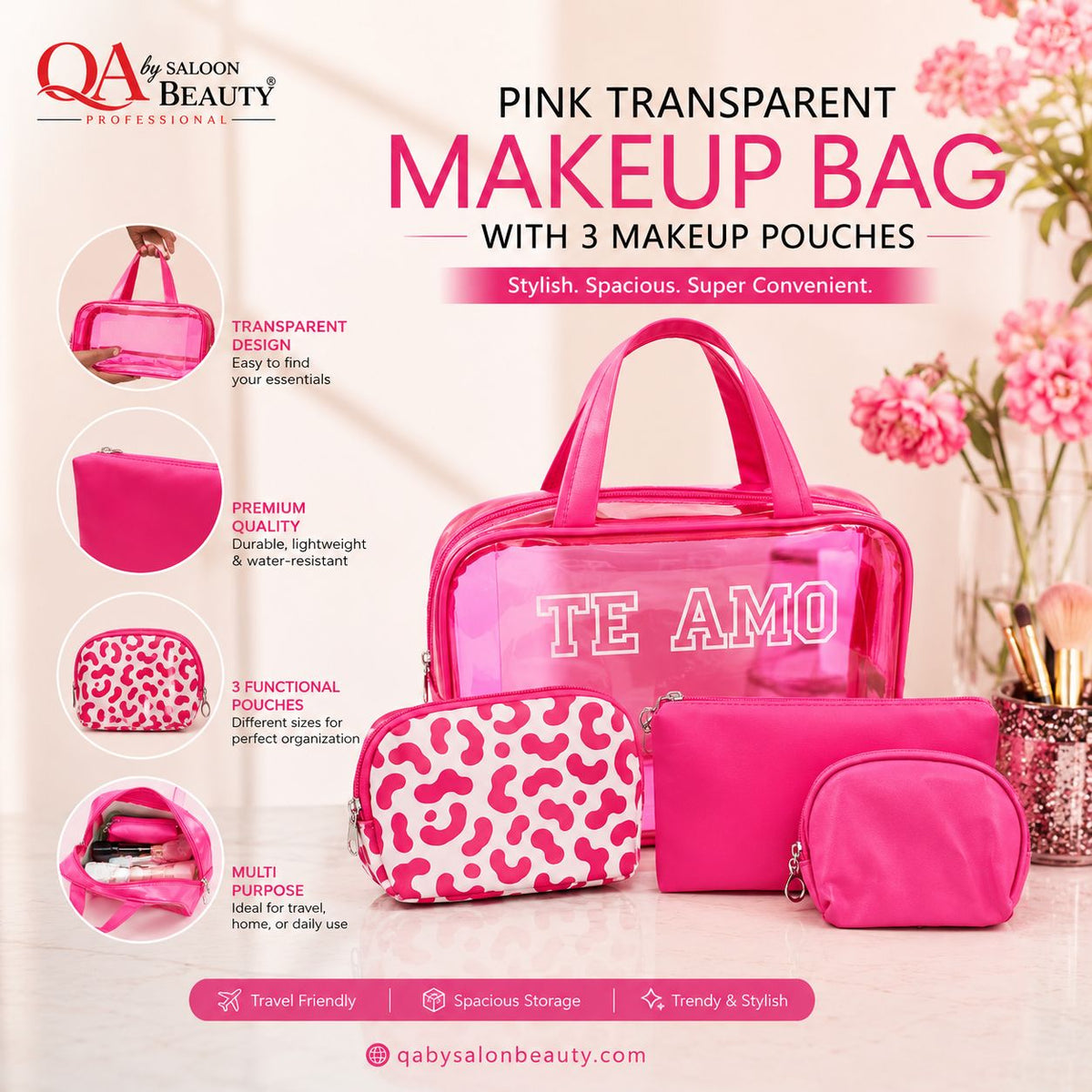 Pink Transparent Makeup Bag Set with 3 Pouches – Travel Cosmetic Organizer
