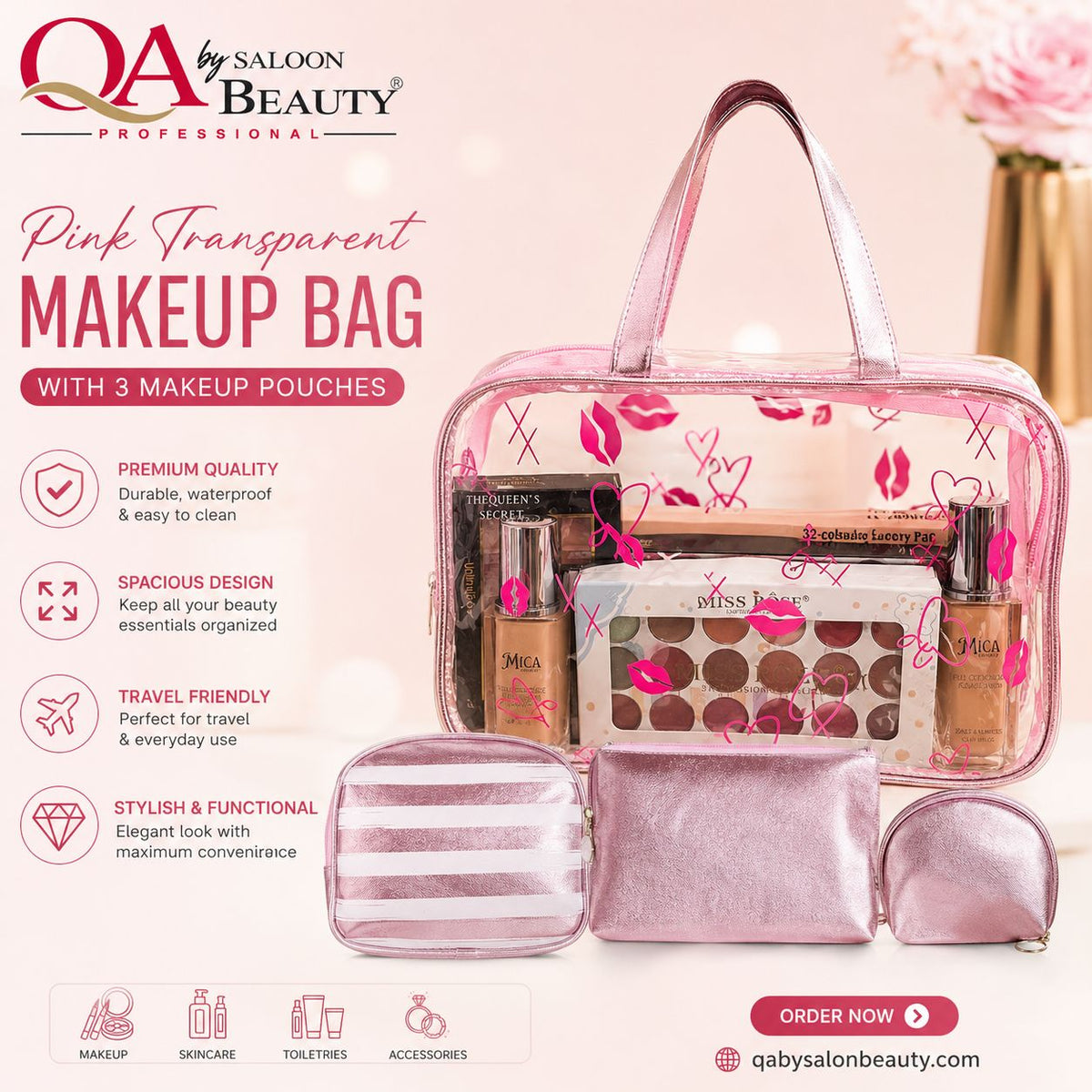 Pink Transparent Makeup Bag with 3 Makeup Pouches – Travel Cosmetic Organizer
