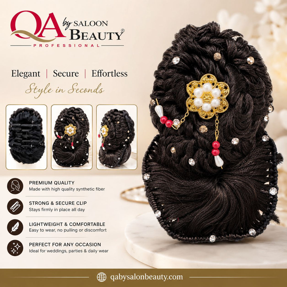 Premium Black Hair Bun Extension with Decorative Flower & Rhinestones