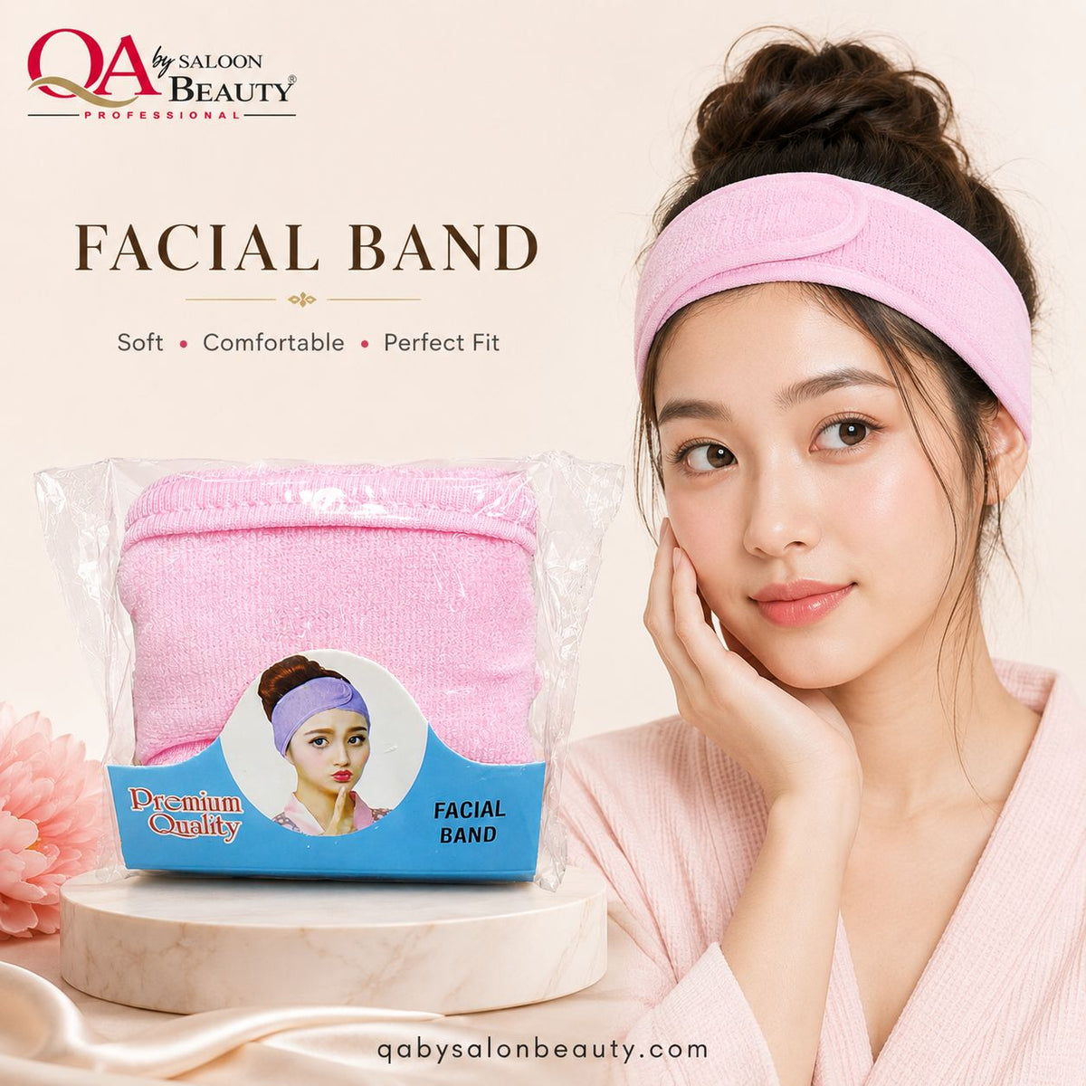 Premium soft pink adjustable facial band for skincare facial spa and makeup use