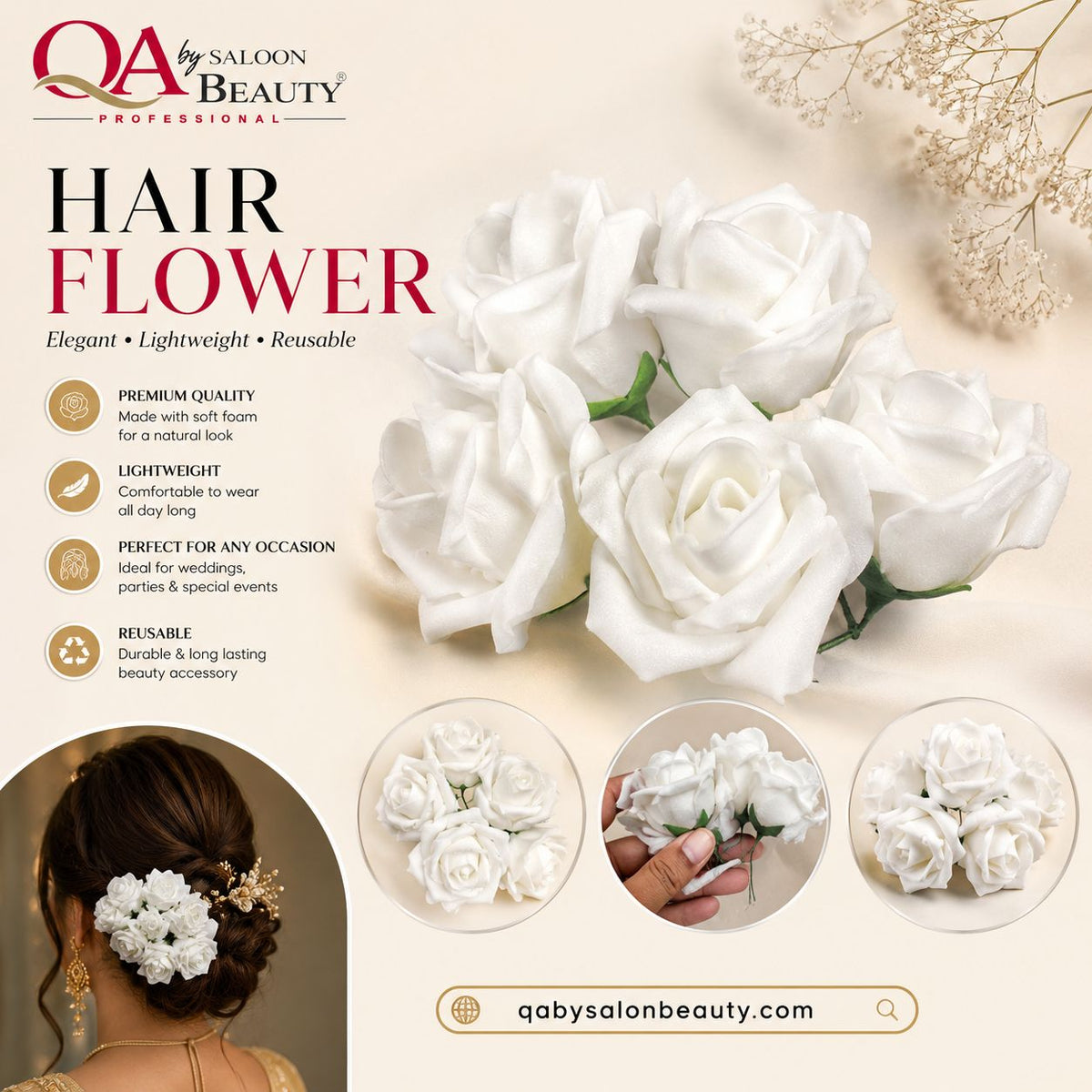 Premium White Rose Hair Flower – Elegant Reusable Hair Accessory for Women